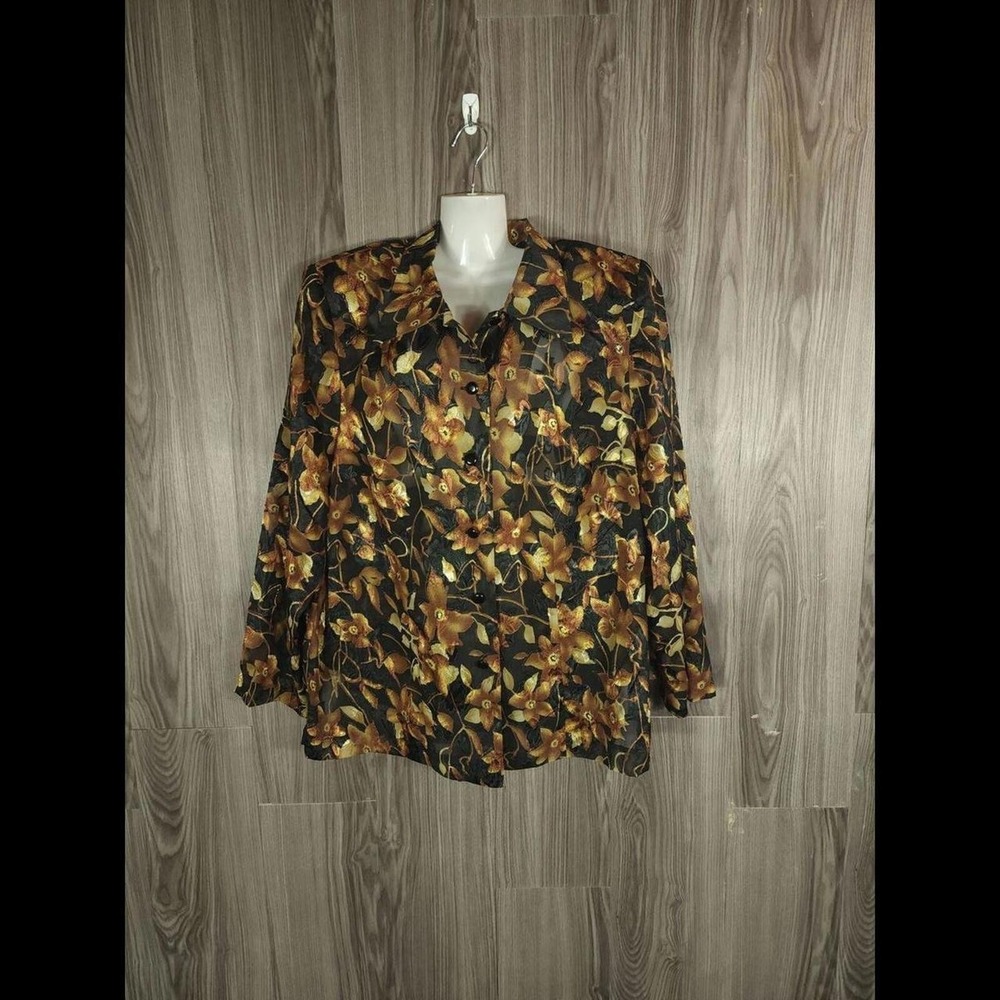 HBS Collection Woman Gold Floral Jacquard Button Up Blouse Metallic Black 16W